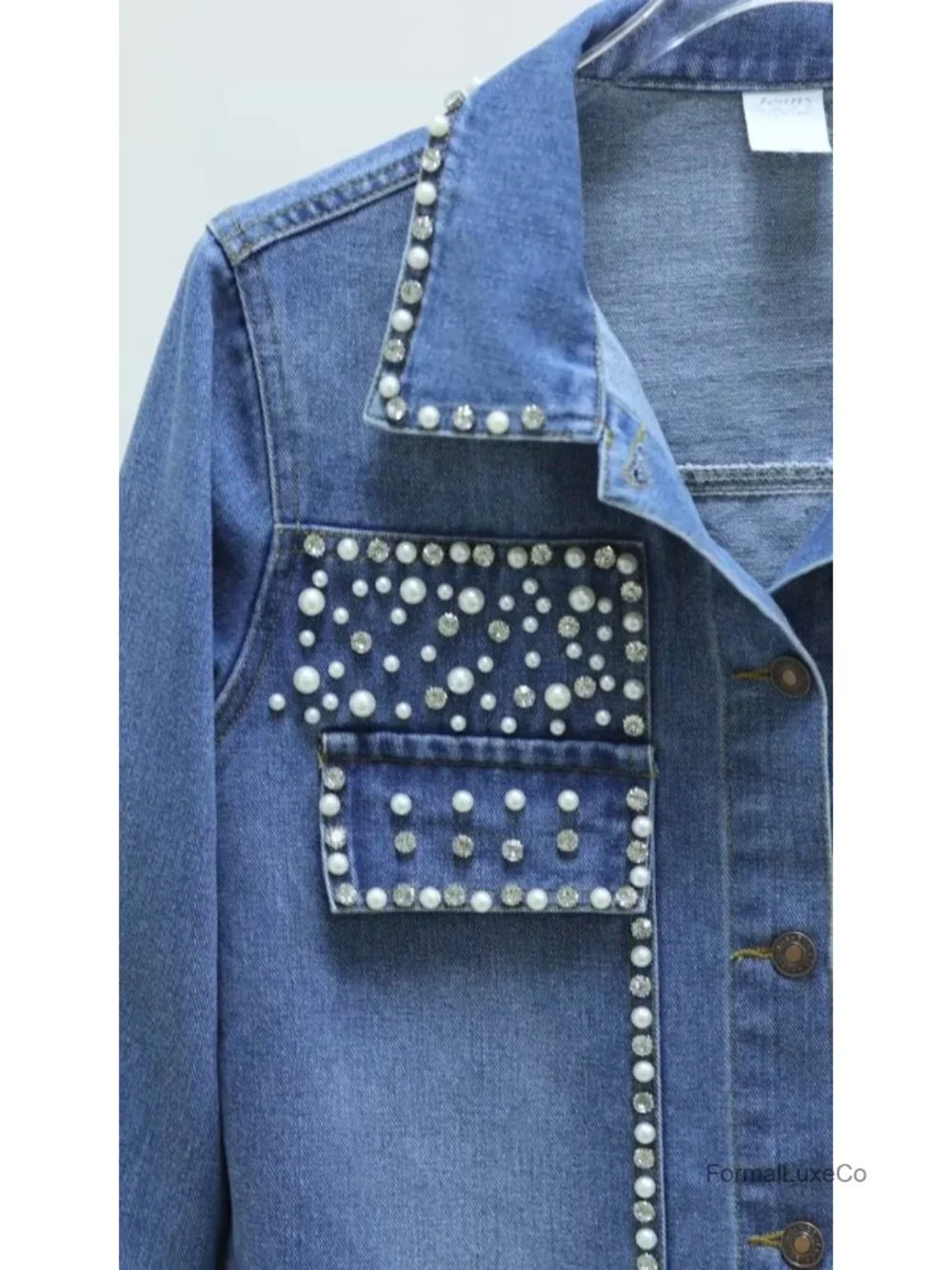 Pearls Denim Jacket Cropped Rhinestone Button Down Jean Coat